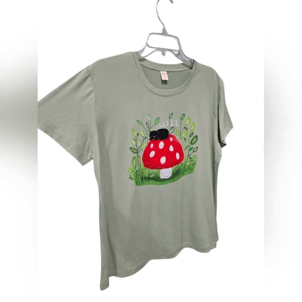 Whimsical Kitty And Mushroom T-shirt - Picture 2 of 4